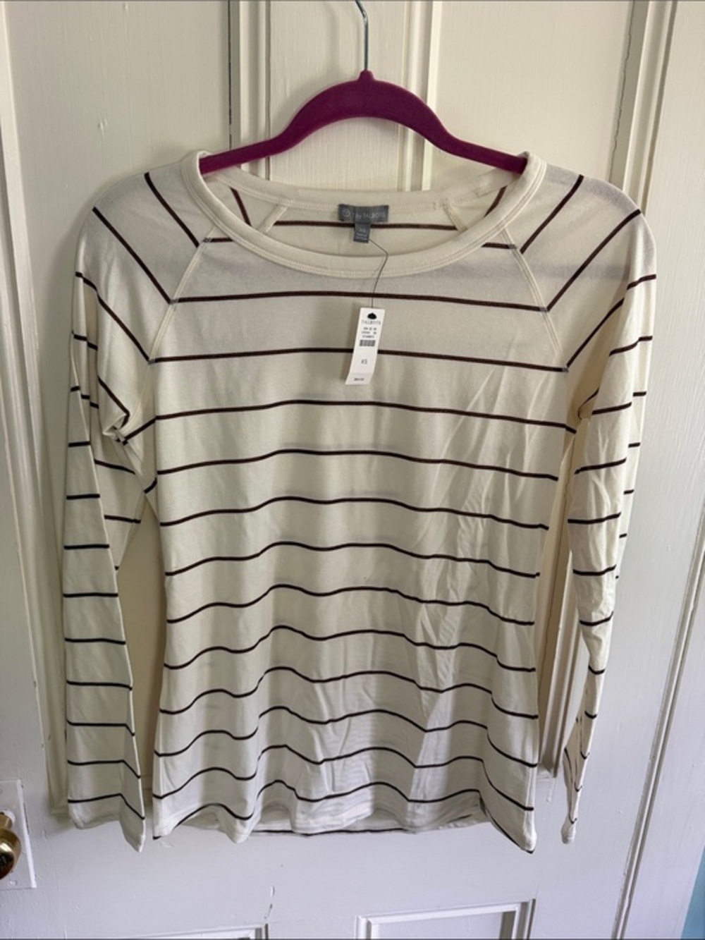 Talbots Cream and Dark Brown Striped Long Sleeve Top